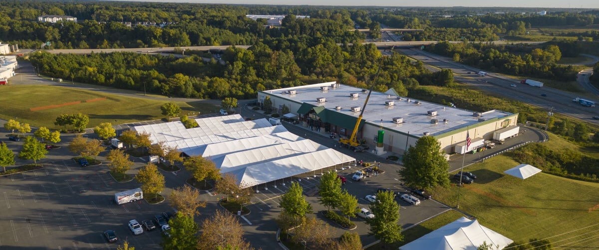 An aerial view of the Big Green Shell being installed